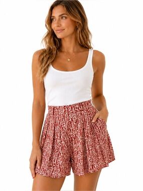Pine Cove High Rise Pleated Linen Blend Shorts Red Tan Print Size 6